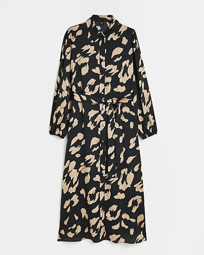 Black satin animal print midi shirt dress