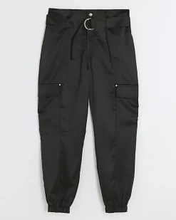 Black Satin Belted Paperbag Trousers