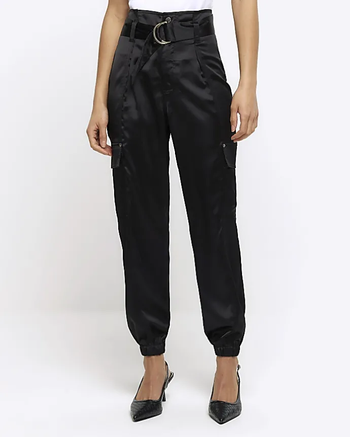 Black Satin Belted Paperbag Trousers