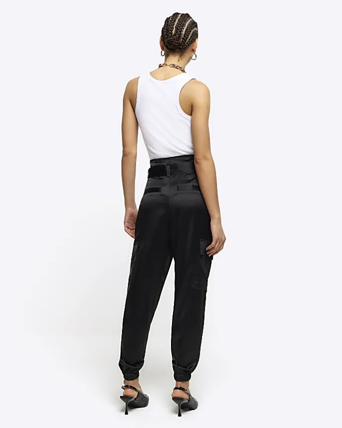 Black Satin Belted Paperbag Trousers