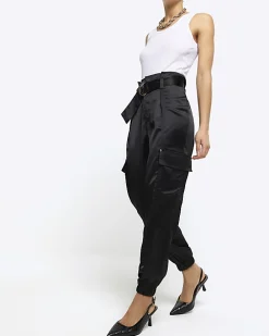 Black Satin Belted Paperbag Trousers
