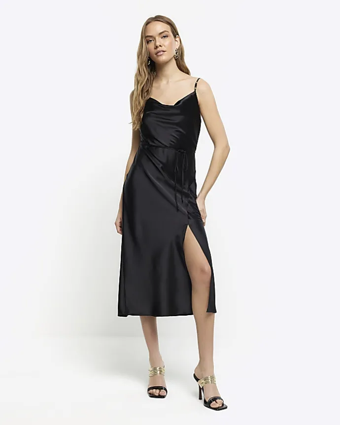 Black satin belted slip midi dress