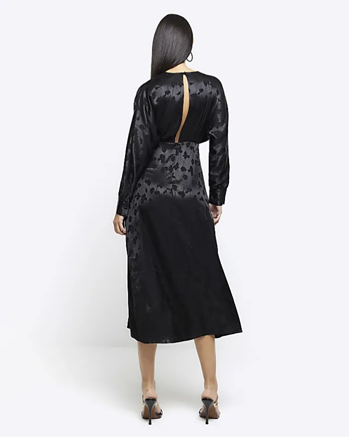 Black satin floral twist shift midi dress