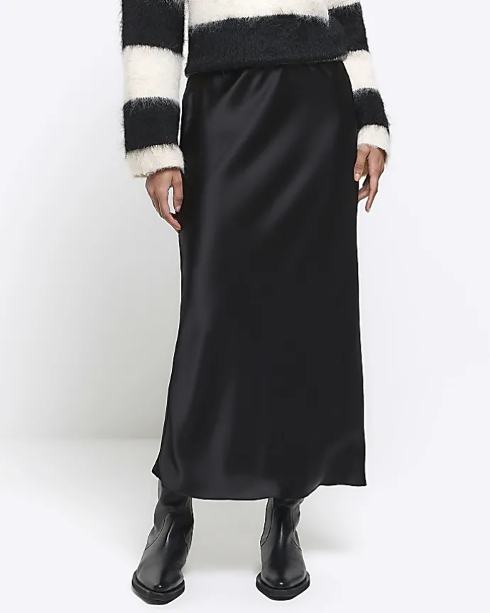 Black Satin Midi Skirt