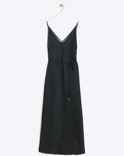 Black satin strap slip midi dress