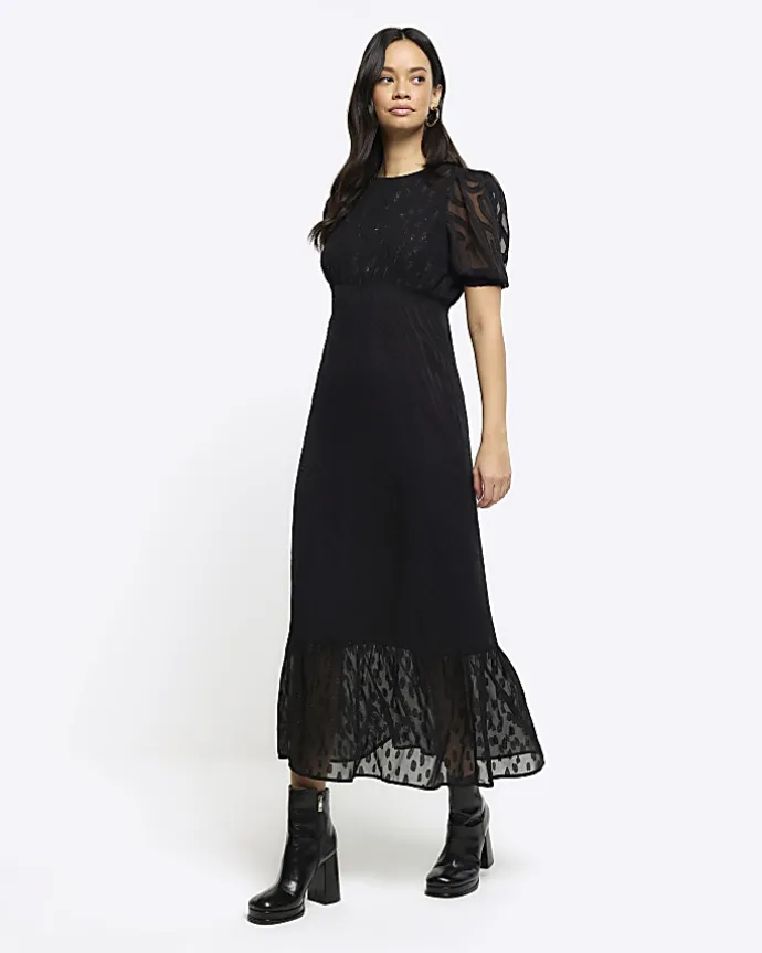 Black satin textured skater midi dress