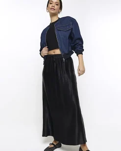 Black satin tie waist maxi skirt
