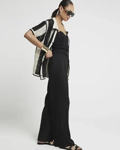Black satin wide leg trousers