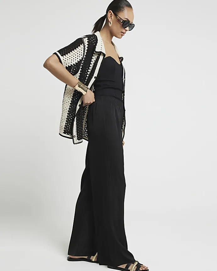 Black satin wide leg trousers
