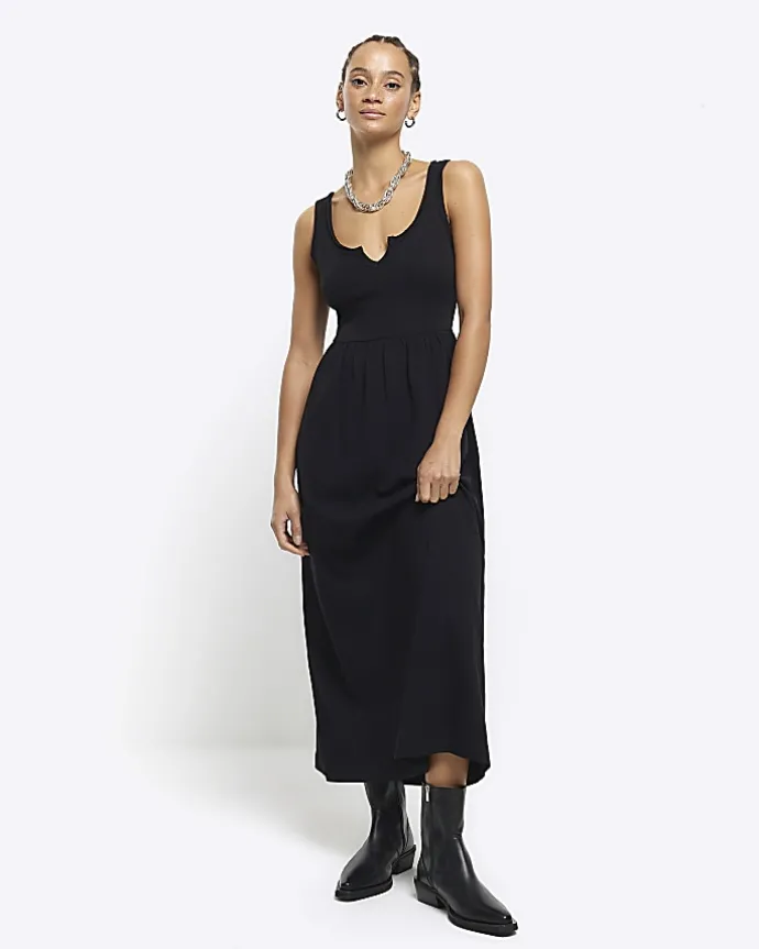 Black scoop neck skater midi dress