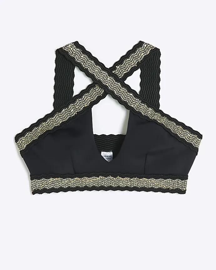 Black sequin elastic halter bikini top