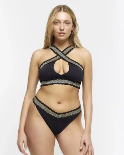 Black sequin elastic halter bikini top