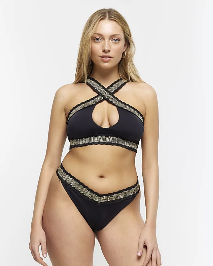 Black sequin elastic halter bikini top