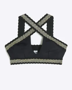 Black sequin elastic halter bikini top