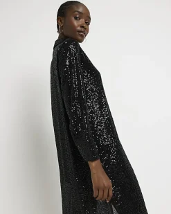 Black sequin long sleeve midi shirt dress