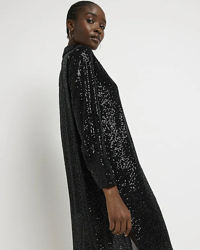 Black sequin long sleeve midi shirt dress