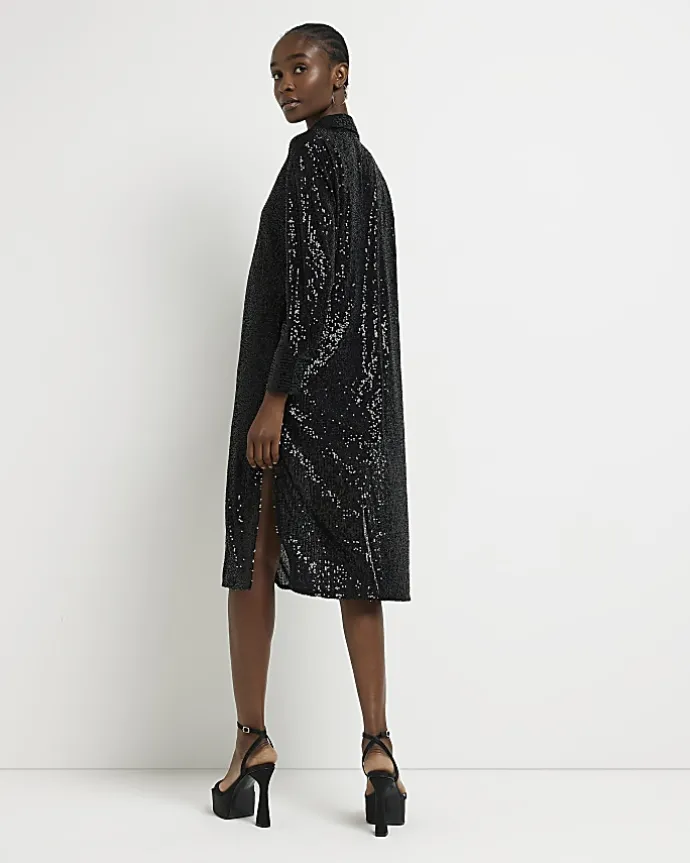Black sequin long sleeve midi shirt dress