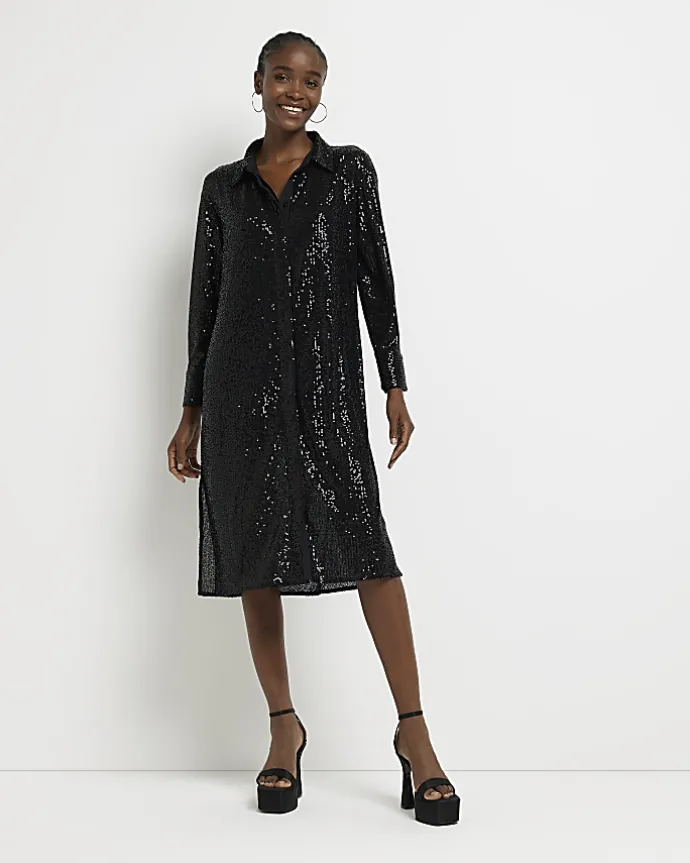 Black sequin long sleeve midi shirt dress