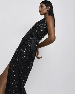 Black Sequin Wrap Midi Dress