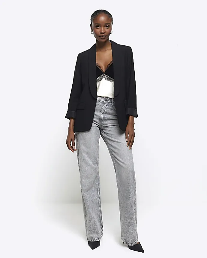 Black shawl collar roll sleeve blazer
