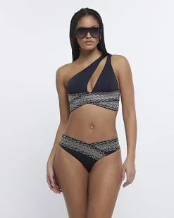 Black shirred asymmetric bikini top