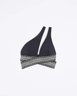 Black shirred asymmetric bikini top