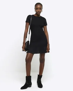 Black shirred peplum t-shirt mini dress