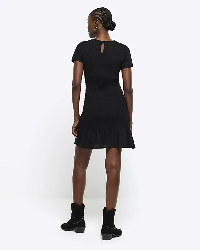 Black shirred peplum t-shirt mini dress