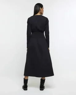 Black shirred waist midi dress