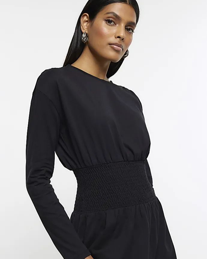 Black shirred waist midi dress