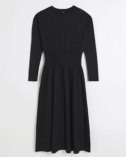 Black shirred waist midi dress