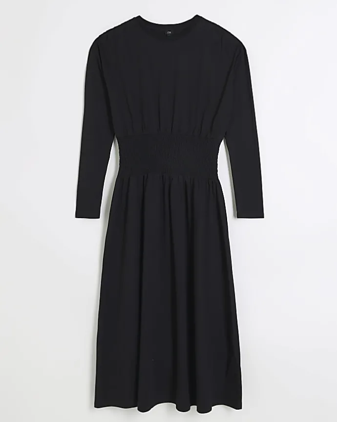 Black shirred waist midi dress