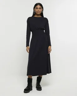 Black shirred waist midi dress