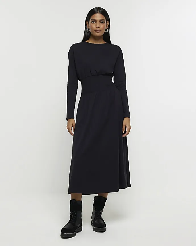 Black shirred waist midi dress