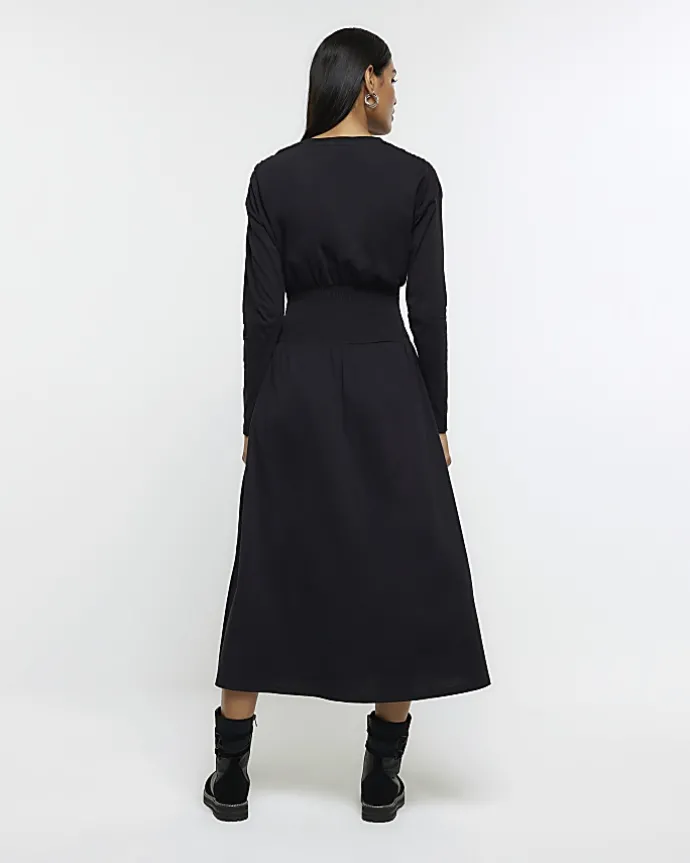Black shirred waist midi dress