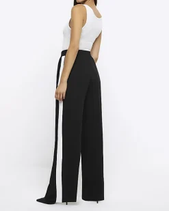 Black side stripe wide leg joggers