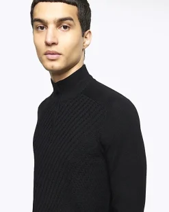 Black slim fit diagonal half zip jumper