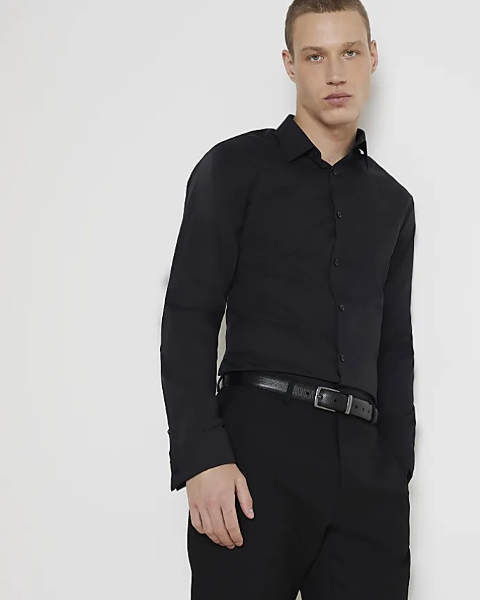 Black slim fit double cuff smart shirt