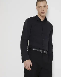 Black slim fit double cuff smart shirt