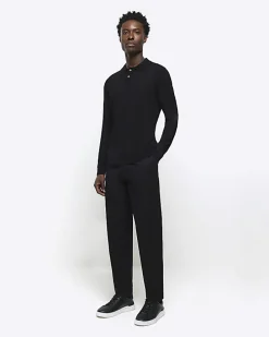 Black slim fit knitted long sleeve polo