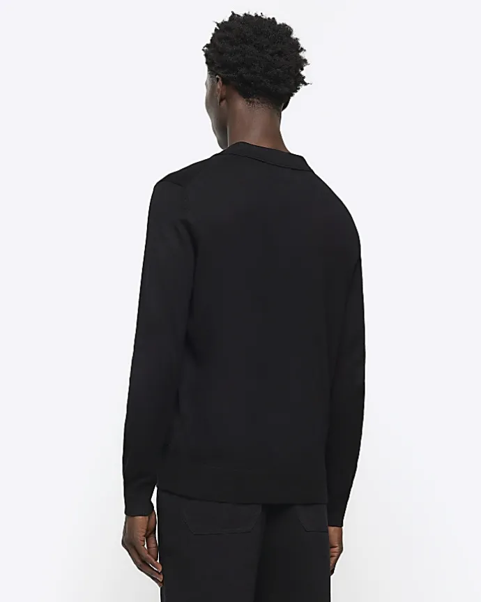 Black slim fit knitted long sleeve polo