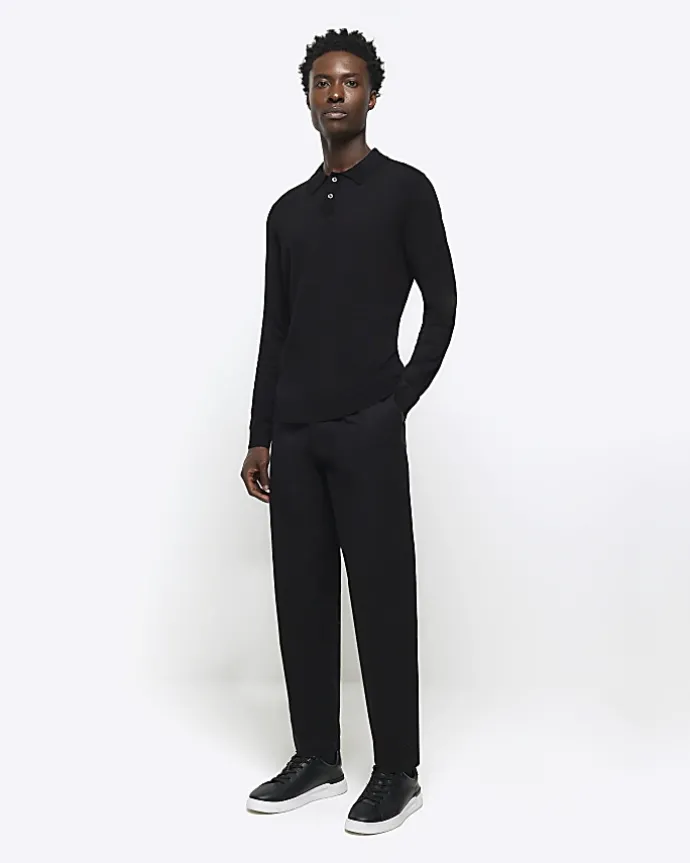 Black slim fit knitted long sleeve polo