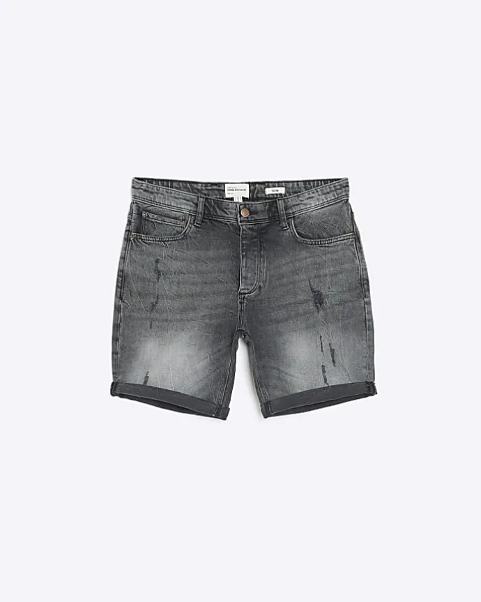 Black slim fit ripped denim shorts