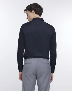Black slim fit sateen long sleeve shirt