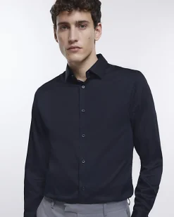 Black slim fit sateen long sleeve shirt