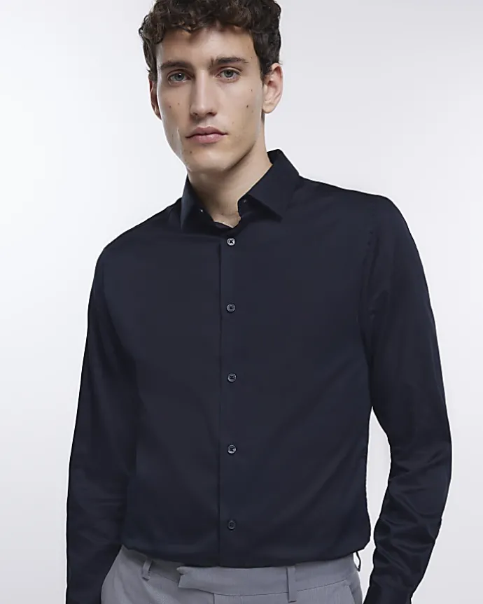 Black slim fit sateen long sleeve shirt