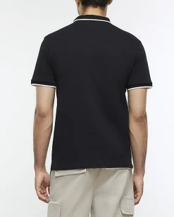 Black slim fit taped collar polo