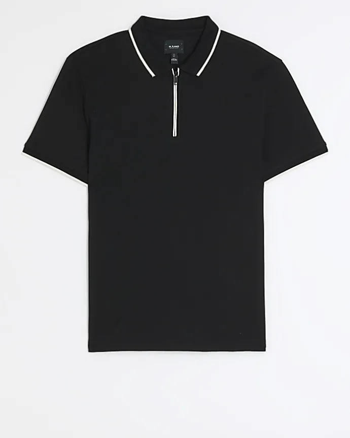 Black slim fit taped collar polo