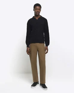 Black slim fit textured knit long sleeve polo