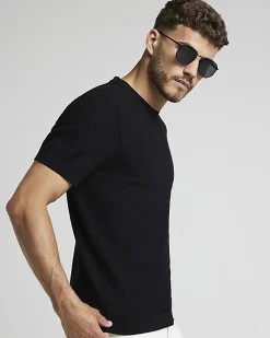 Black slim fit textured knit t-shirt